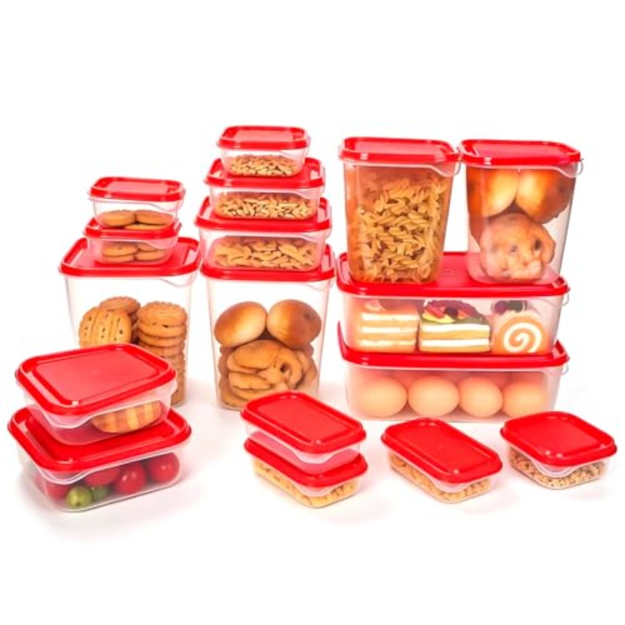 Meal Prep Food - 17個入りプラスチック食品保存容器セット、赤い通気蓋付きBPAフリー、持ち運び可能な食品保存容器、食事の準備、残り物、キット用