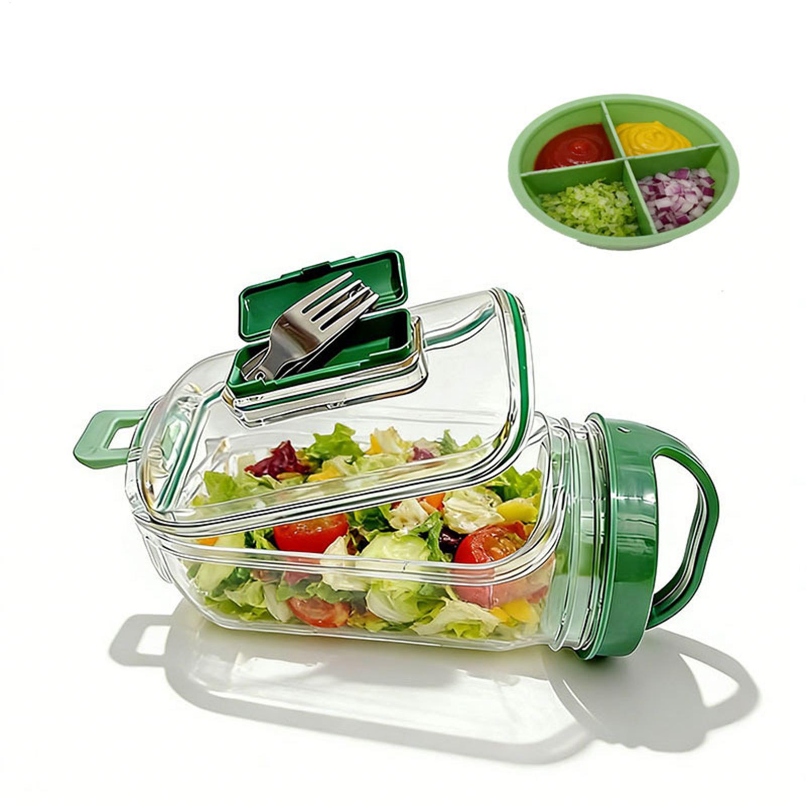 Meal Prep Gym Food - サイドオープン式サラダジャー 1000ml 漏れ防止ミールプレップ容器 ドレッシングカップ付き ポータブルランチジャー オフィス