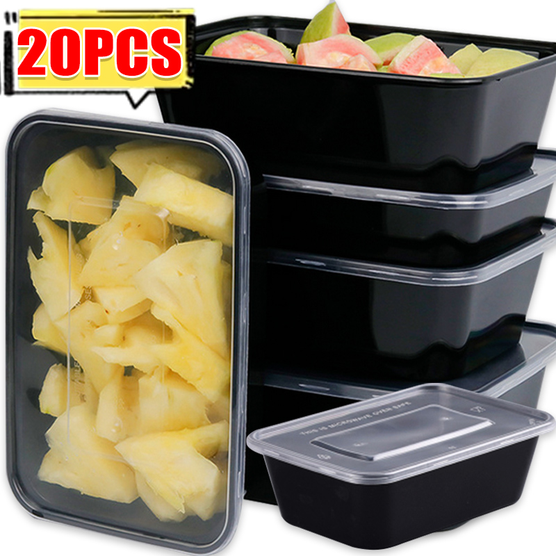 Meal Prep Recipes - 10/20x 食品保存容器 蓋付き 食事準備容器 使い捨て漏れ防止 ブラックランチ弁当箱