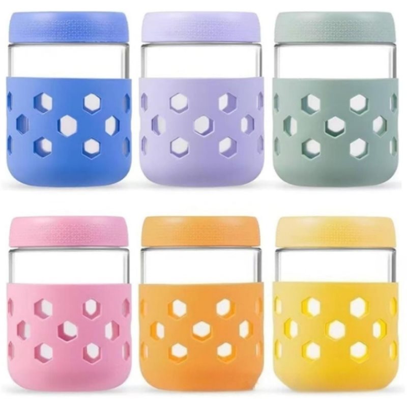 Meal Prep Oatmeal Jars - B08B-ガラス製ジャー、気密蓋付き、広口ミールプレップジャー-オーバーナイトオートミールジャー（1セット）、蓋とシリコンスリーブ付き