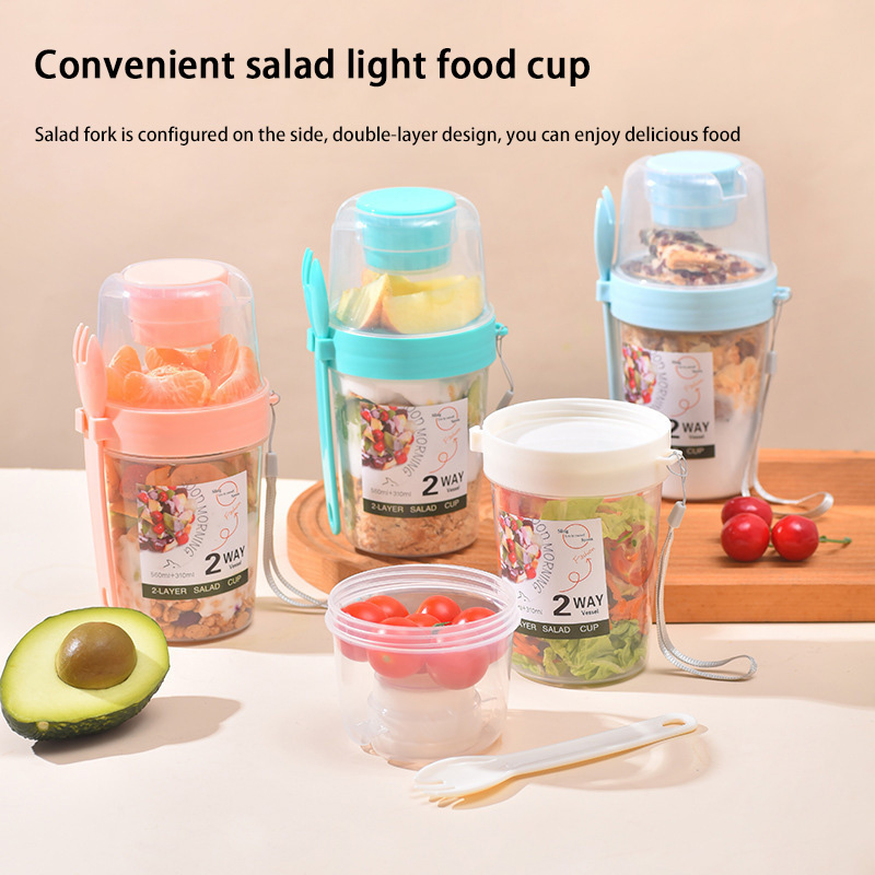 Meal Prep Oatmeal Jars - 持ち運び可能な朝食サラダカップ 蓋とフォーク付き ヨーグルトシリアルオートミールパフェ容器 スナックドレッシングホルダー 持ち運びカップ
