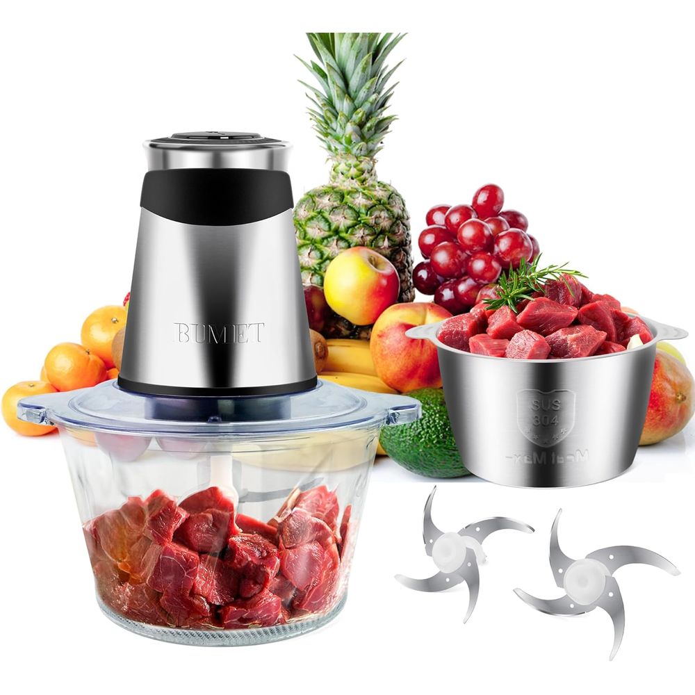Veggie Chopper Cup - 500W ミートグラインダー 2x8カップボウル 2枚刃 グッドチョッパー ガラス+ステンレスボウル、ステンレス刃