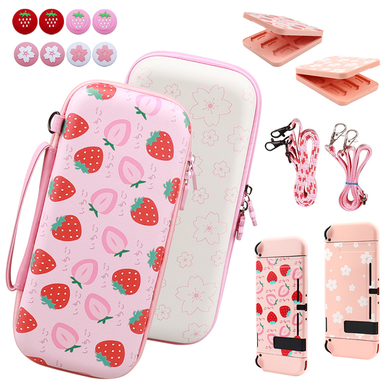 Strawberry Huller - Switch キャリングケース用、イチゴと桜のパターンのEVAハードシェル、アクセサリー付きSwitch/OLEDに適合