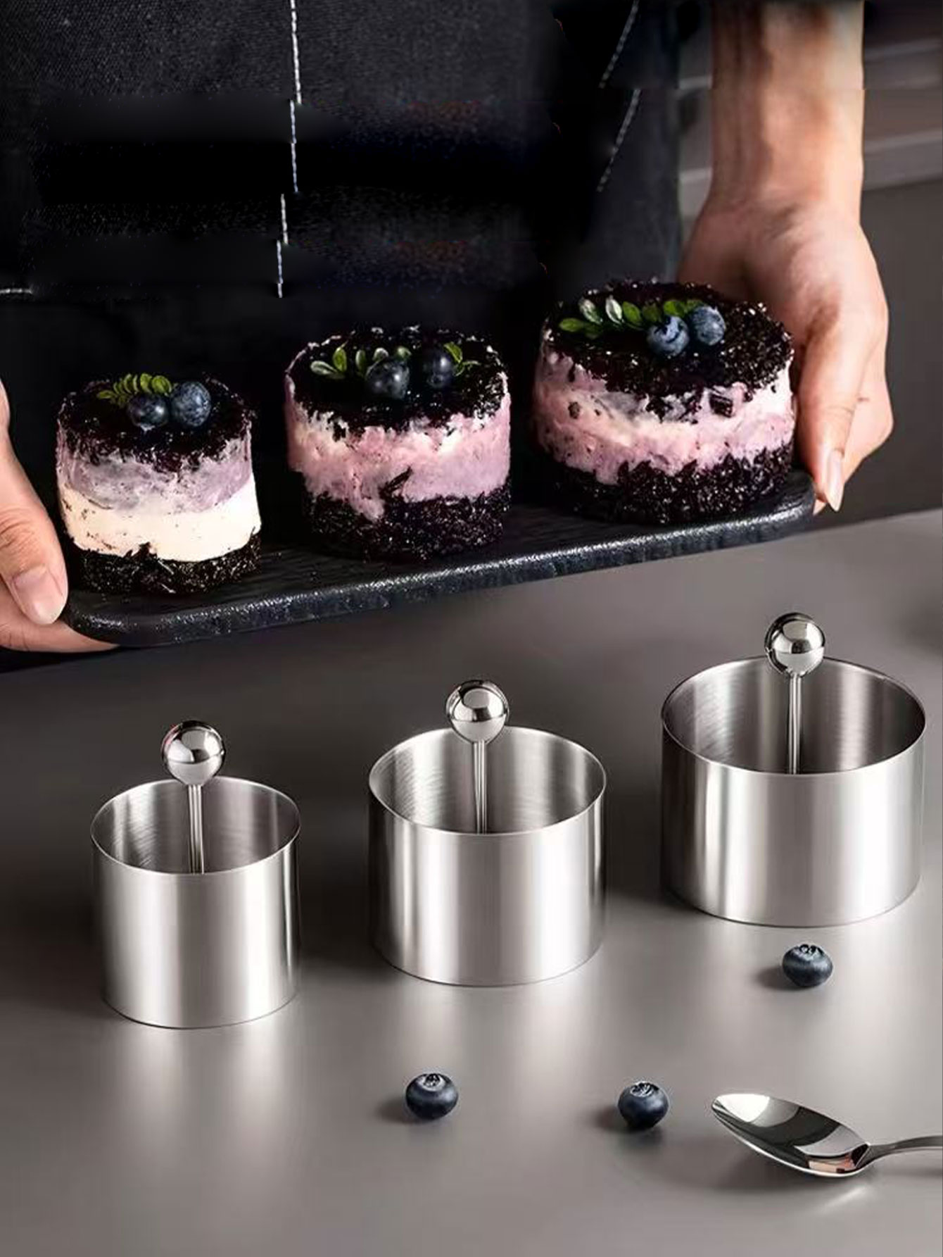 Rice Ball Mold - 304ステンレス鋼紫米タロイモペーストミルクブリック型丸型ステンレス鋼おにぎり冷菜ペストリームースベーキングケーキ小型デザートセット3個入り