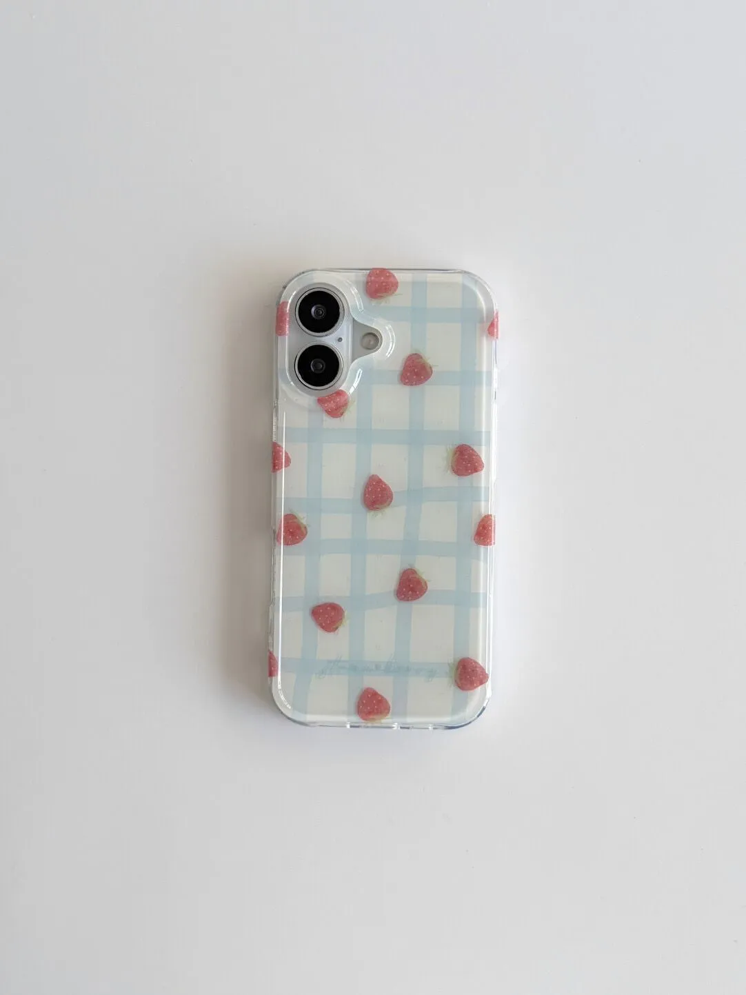 Strawberry Huller - フレッシュブルーグリッド柄ストロベリー高級IMDスマホケース iPhone 17 AIR 16 15