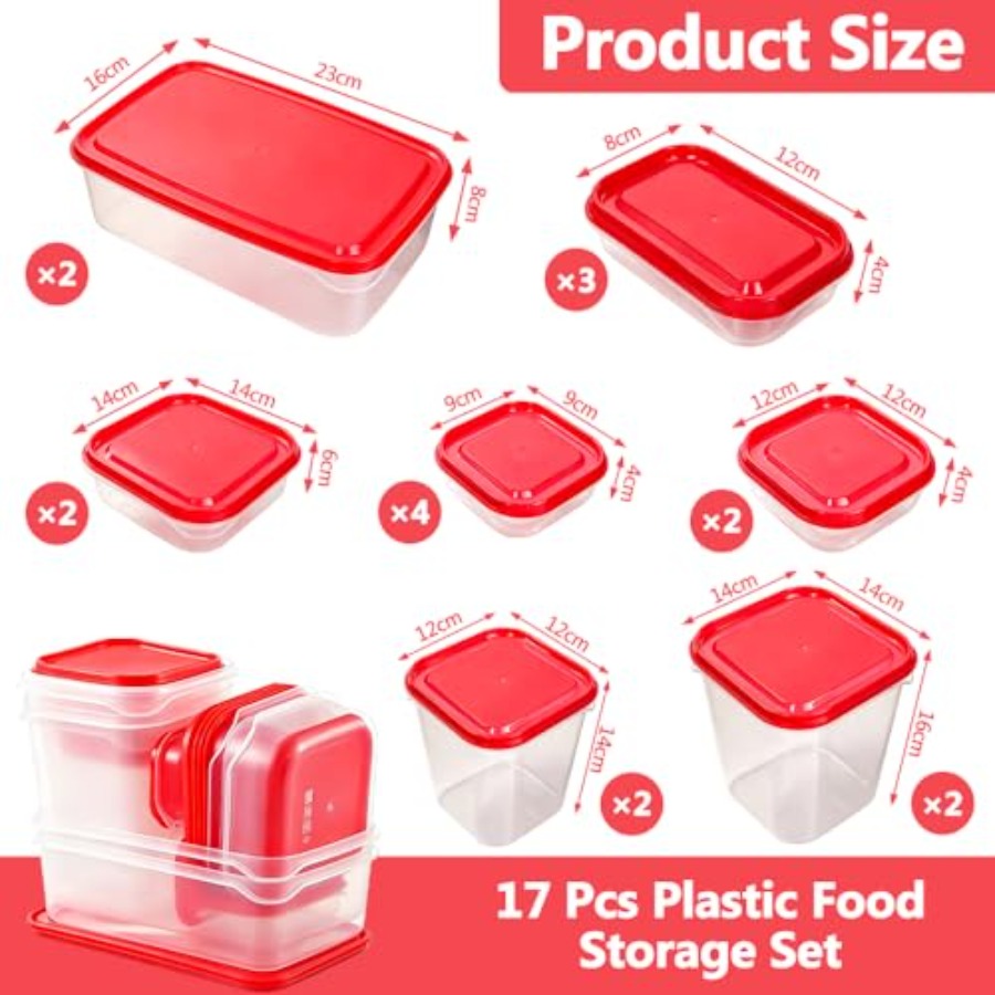 17個入りプラスチック食品保存容器セット、赤い通気蓋付きBP - Meal Prep Food のレビューと価格