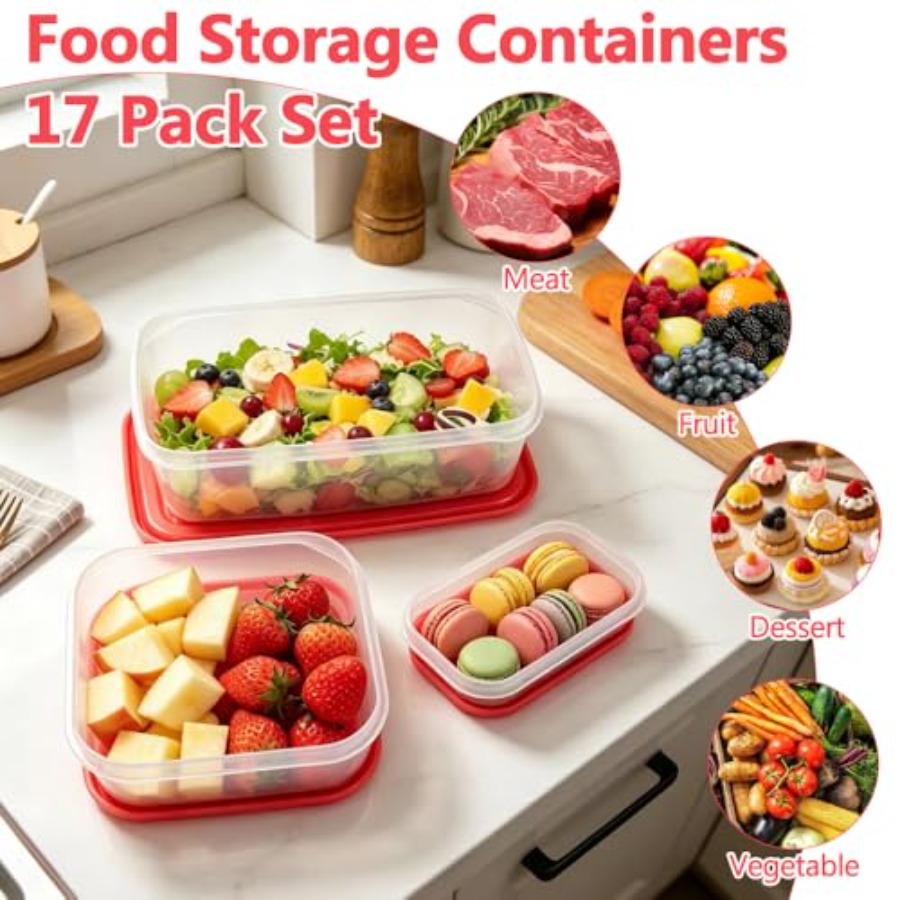 17個入りプラスチック食品保存容器セット、赤い通気蓋付きBP - Meal Prep Food のレビューと価格