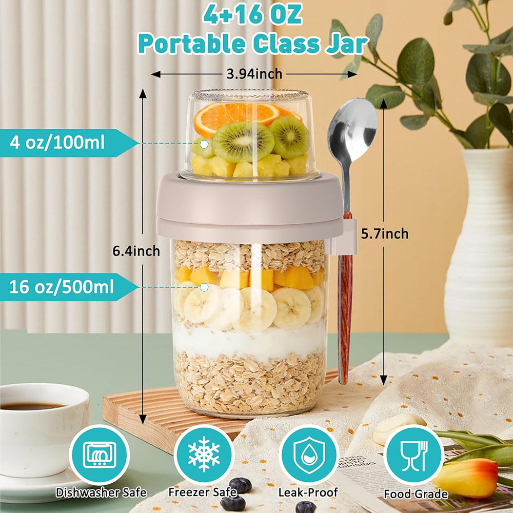 蓋とスプーン付きのオーバーナイトオーツ容器、乾湿分離可能な二 - Meal Prep Oatmeal Jars のレビューと価格